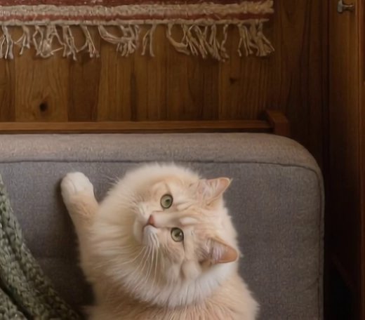 Biscuit, a fluffy cream cat with green eyes, looking up from a grey sofa