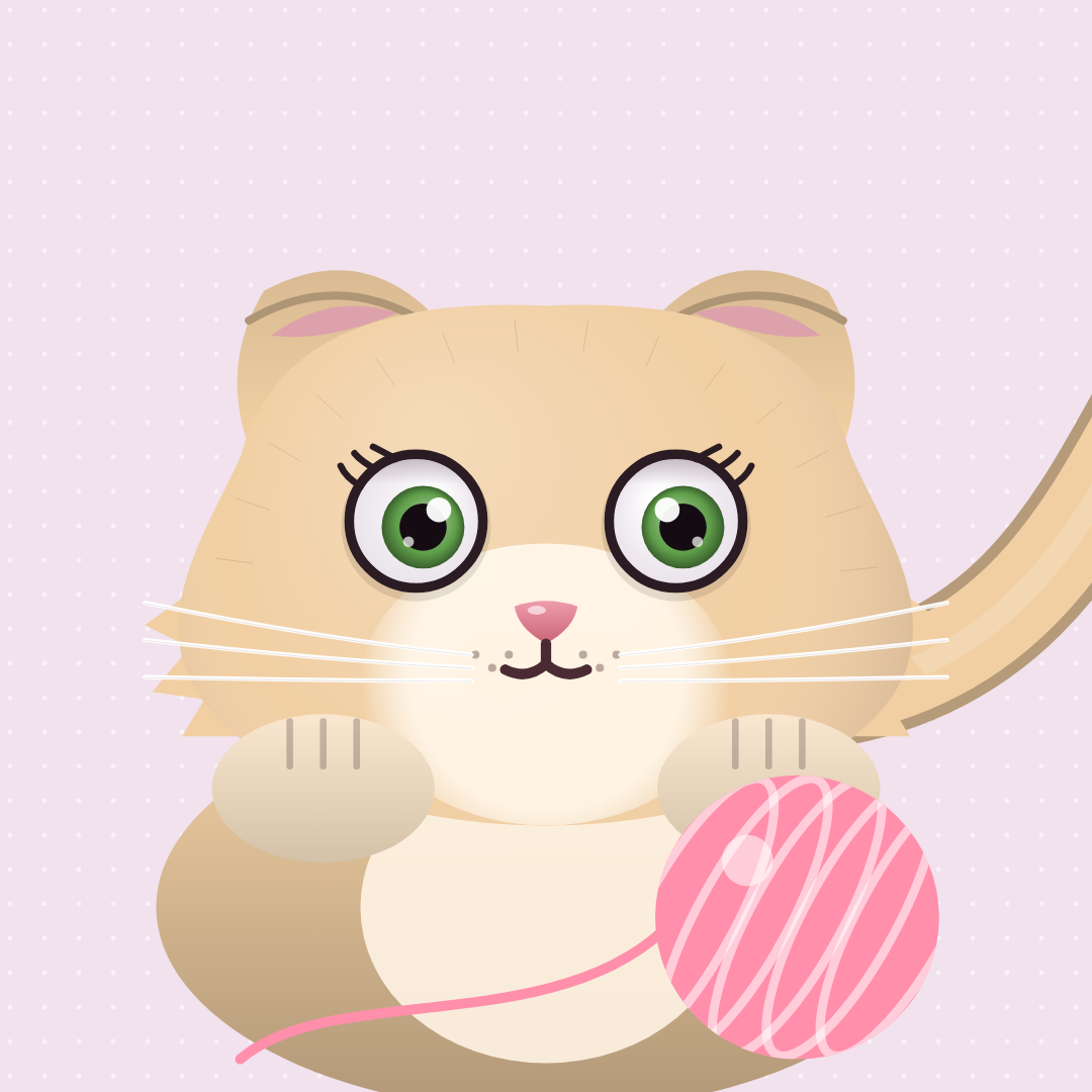 Biscuit, a cream Scottish Fold cat, holding a pink ball of yarn